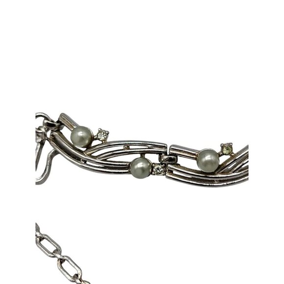 Trifari Rare Choker Necklace 16" Silver Tone Faux Gray Pearls Rhinestones - Picture 10 of 16